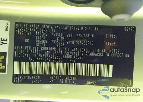 2025 Toyota Corolla Cross Xle z USA, uszkodzony, nr VIN 7MUDAAAG7SV129925